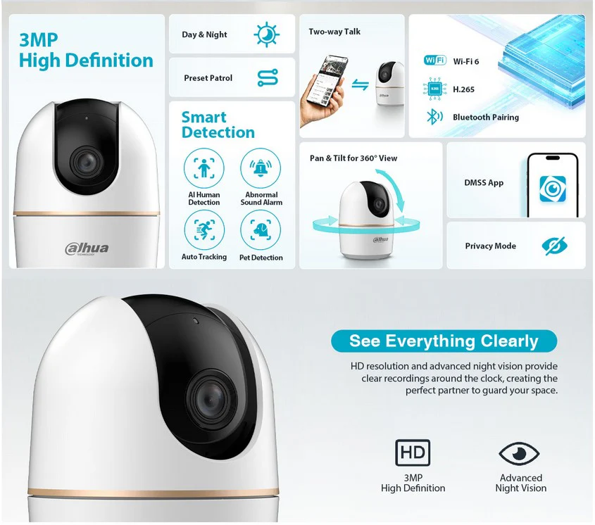 La Mejor Cámara Dahua IP Domo PT 5MP AI WiFi con Micrófono y Parlante